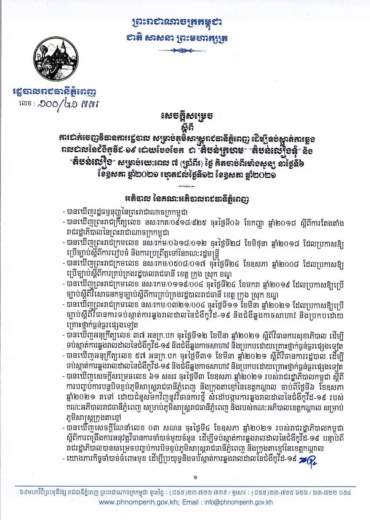 សេចក្តីសម្រេចរបស់សាលារាជធានីភ្នំពេញ​