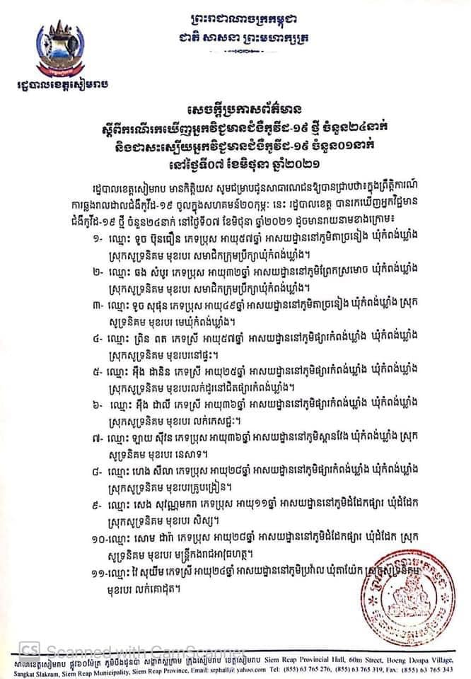 សេចក្តីប្រកាសព័ត៌មានរបស់រដ្ឋបាលខេត្តសៀមរាប