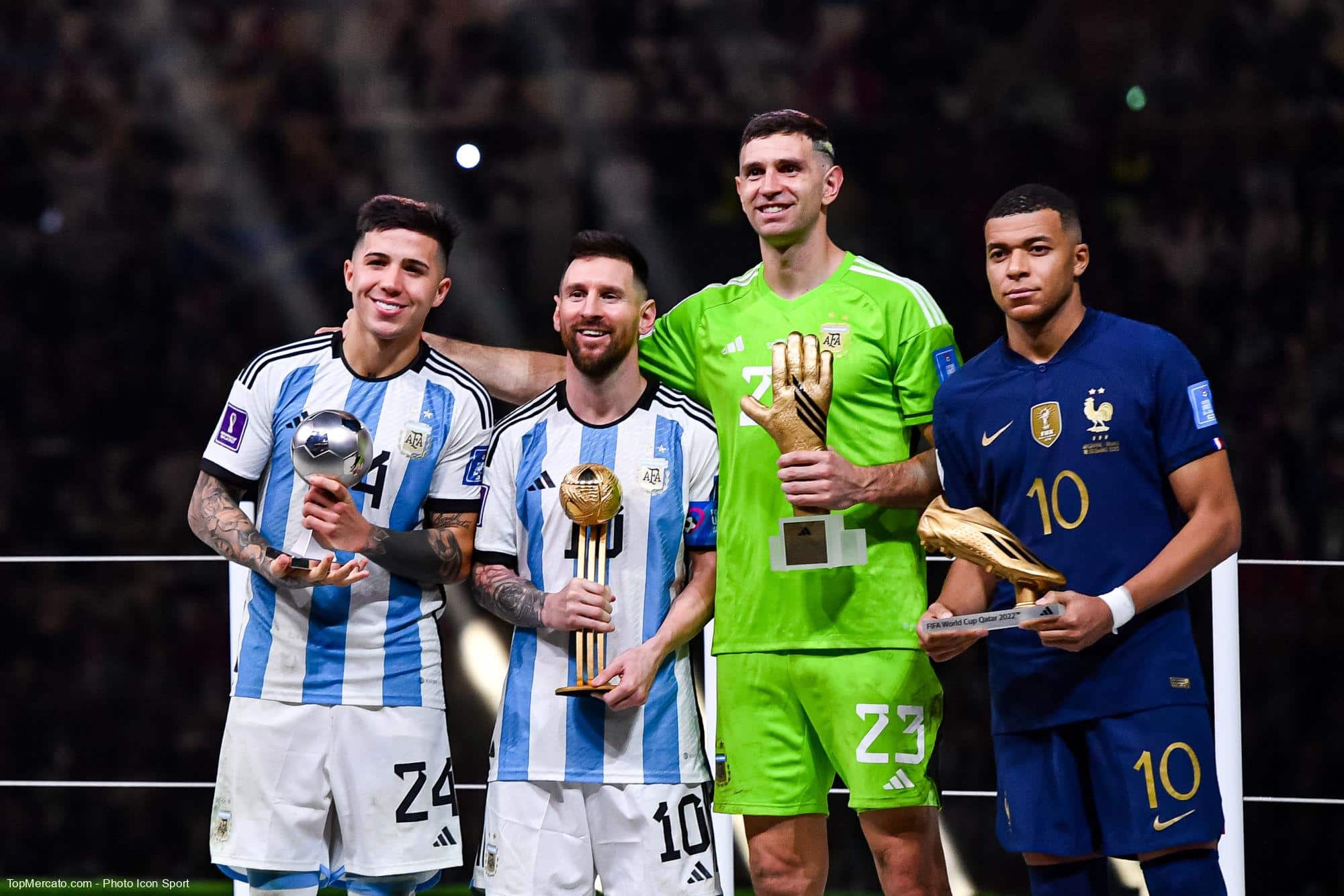 Enzo Fernandez, Lionel Messi, Emiliano Martinez និង Kylian Mbappe&nbsp;