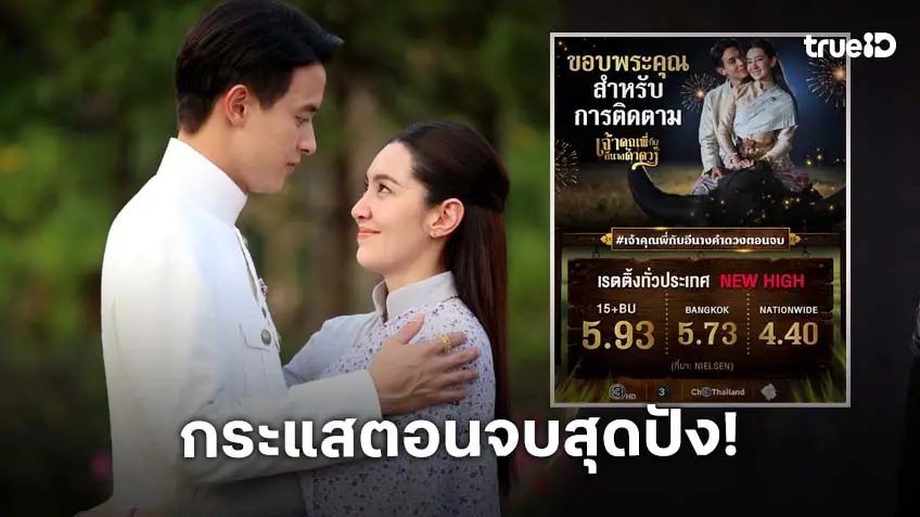 "เจมส์จิ–เบลล่า" ปิดตำนาน "เจ้าคุณพี่กับอีนางคำดวง" ยิ้มแก้มตก ช่อง 3HD ทำเรตติ้งพุ่งยืนหนึ่งทั่วประเทศ