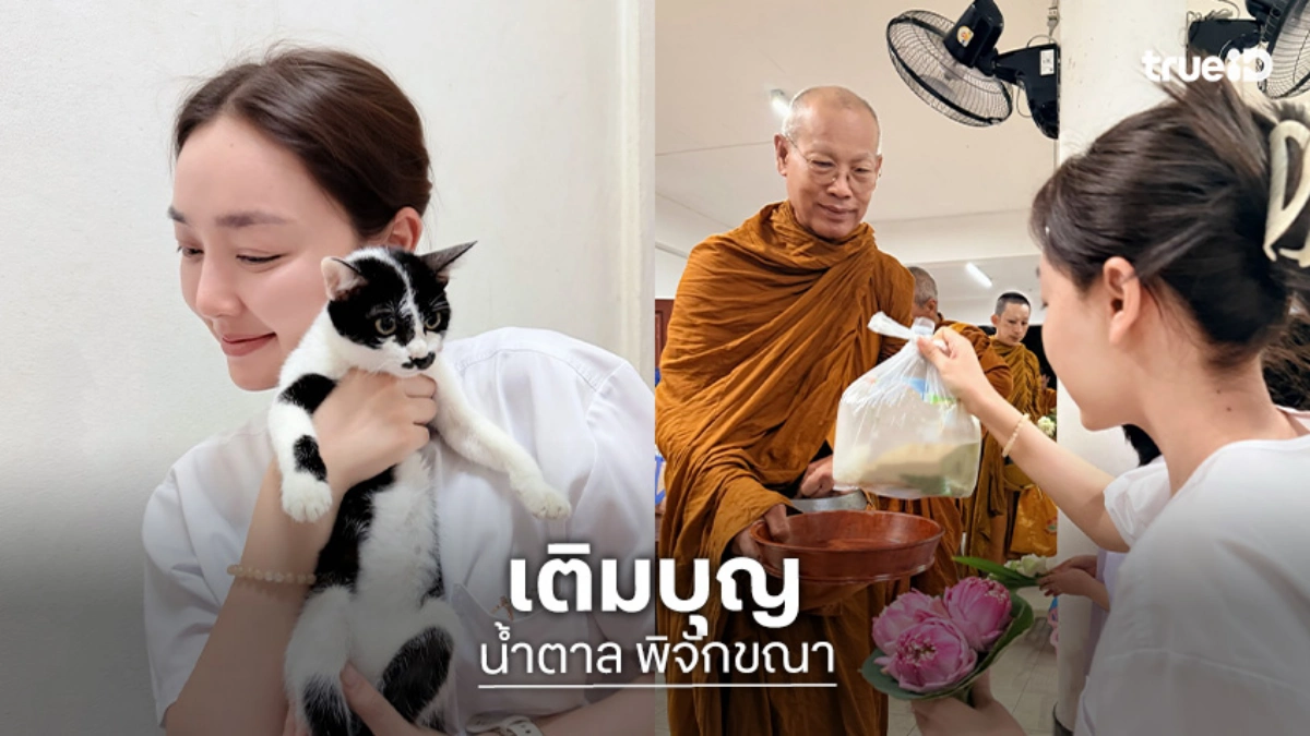 “น้ำตาล พิจักขณา” นุ่งขาวห่มขาว เข้าวัดปฏิบัติติธรรม พร้อมเติมแมว