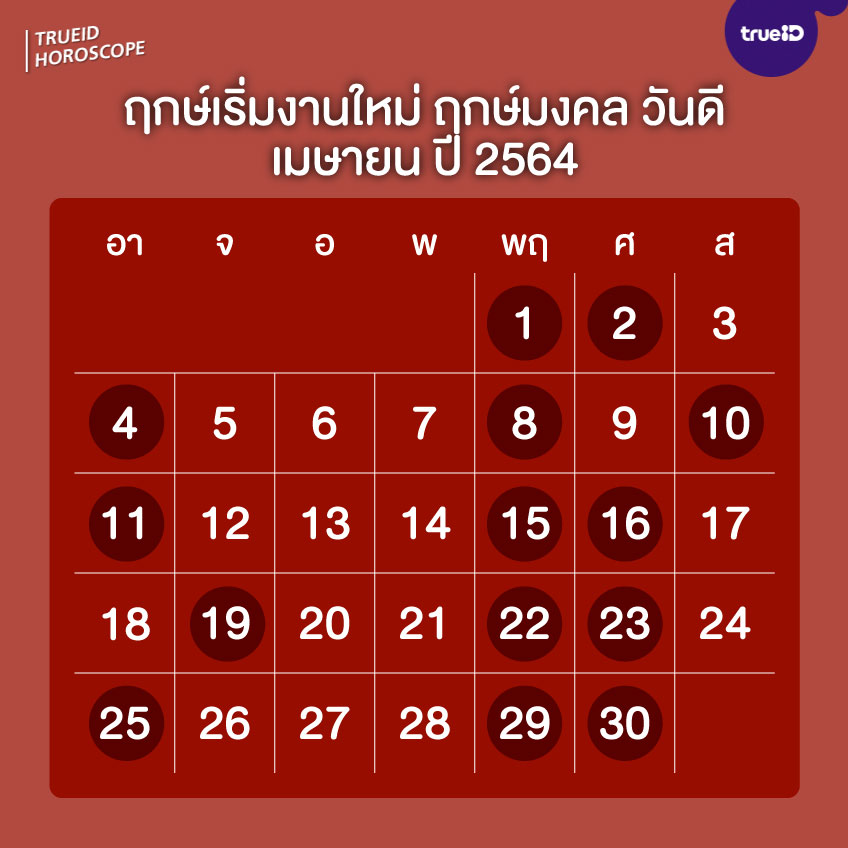 ฤกษ์ดี วันดี ฤกษ์เริ่มงานใหม่ ประจำเดือนเมษายน 2564