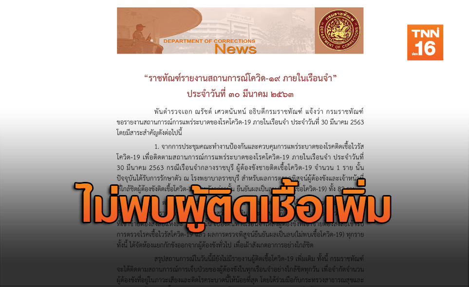 "ราชทัณฑ์" ยันยอดติดเชื้อโควิดในเรือนจำมี 2 ราย