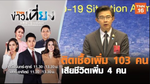 ติดเชื้อเพิ่ม 103 คน เสียชีวิตเพิ่ม 4 คน I TNNข่าวเที่ยง I 03/04/63 (คลิป)
