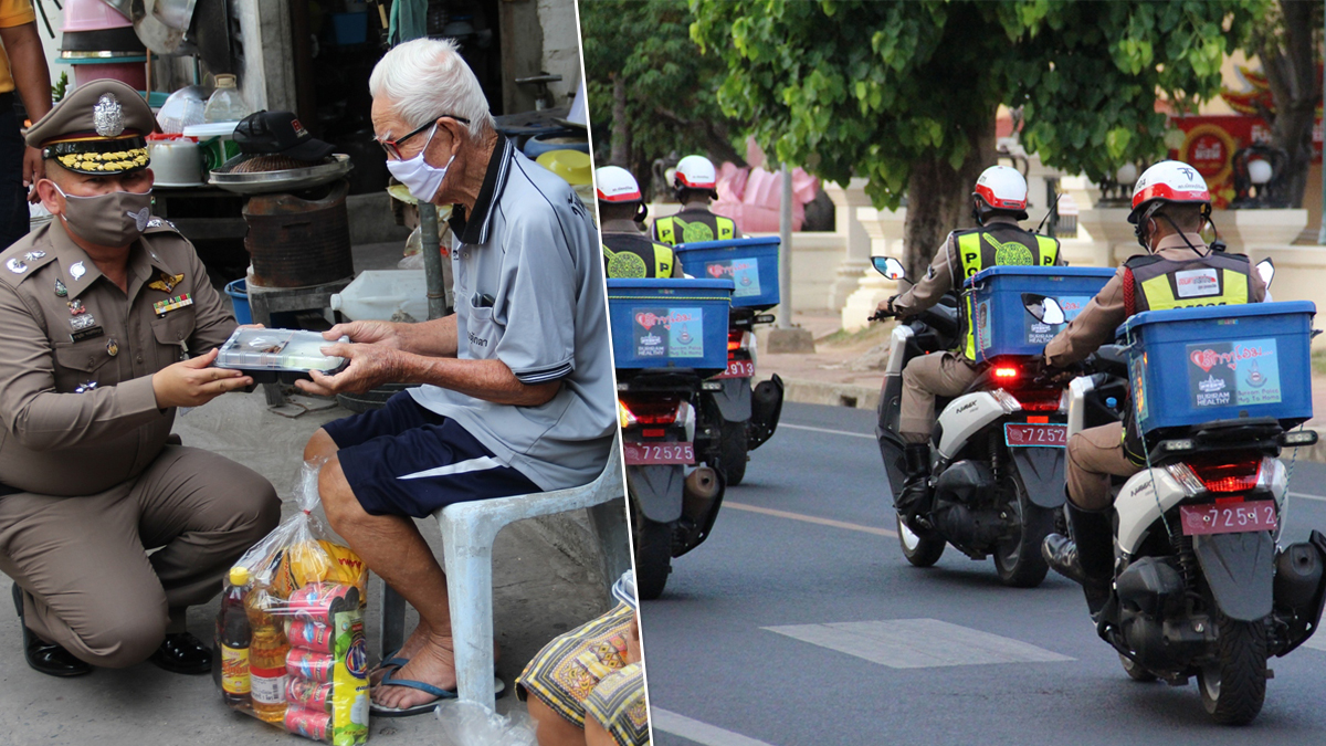 ตำรวจบุรีรัมย์ ปล่อยขบวน Grab Police นำข้าวกล่อง ถุงยังชีพ แจกประชาชนถึงบ้าน