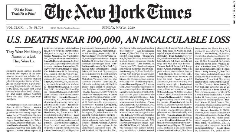 เหลือคณานับ! เดอะนิวยอร์กไทม์ อุทิศหน้า 1 ตีพิมพ์ชื่อผู้เสียชีวิตจากโควิด-19 ในสหรัฐ 1,000 คน