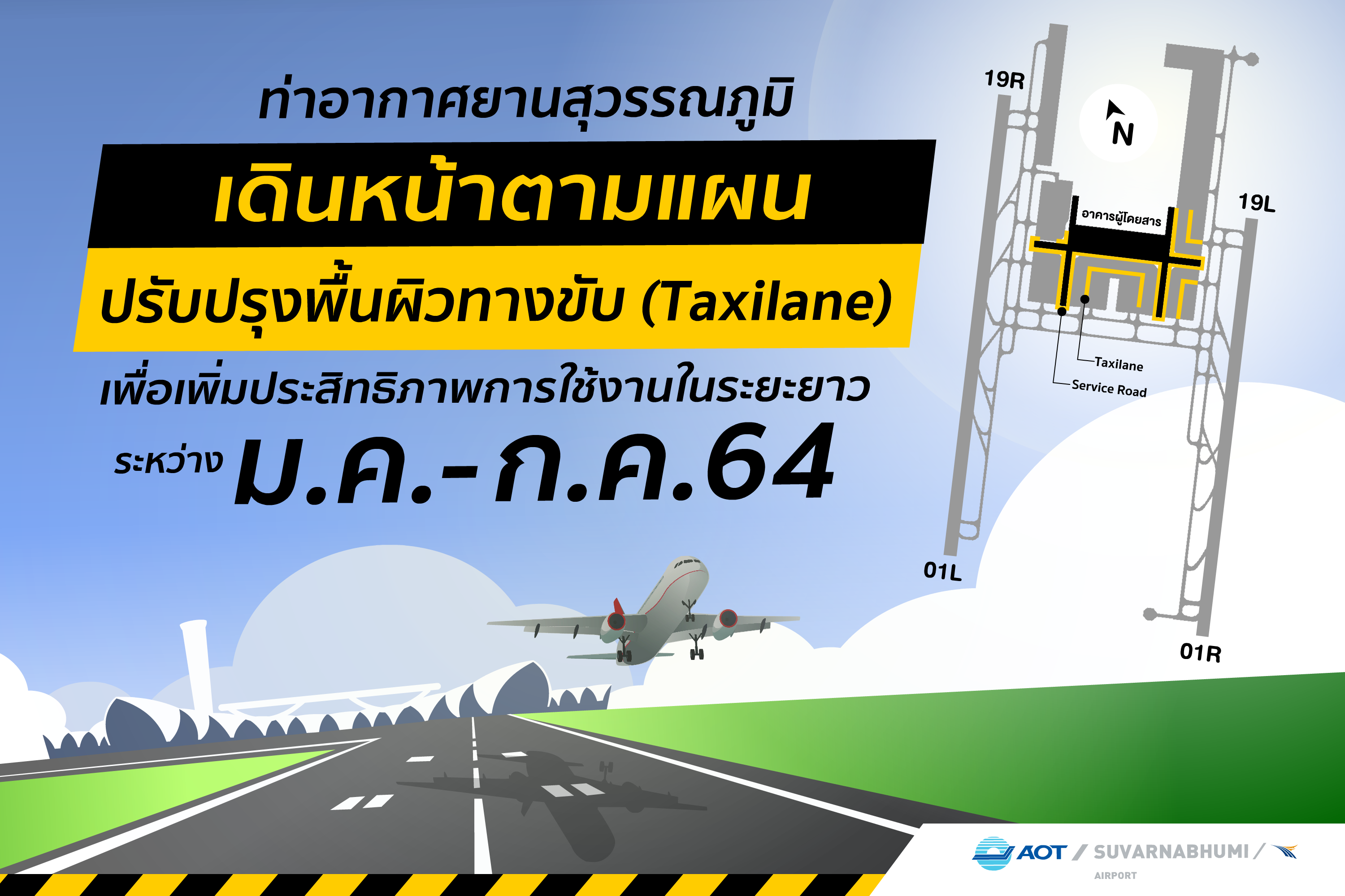 สนามบินสุวรรณภูมิ เดินหน้าปรับปรุงทางขับเข้าสู่หลุมจอด-ถนนภายในเขตการบิน เพิ่มประสิทธิภาพใช้งานระยะยาว