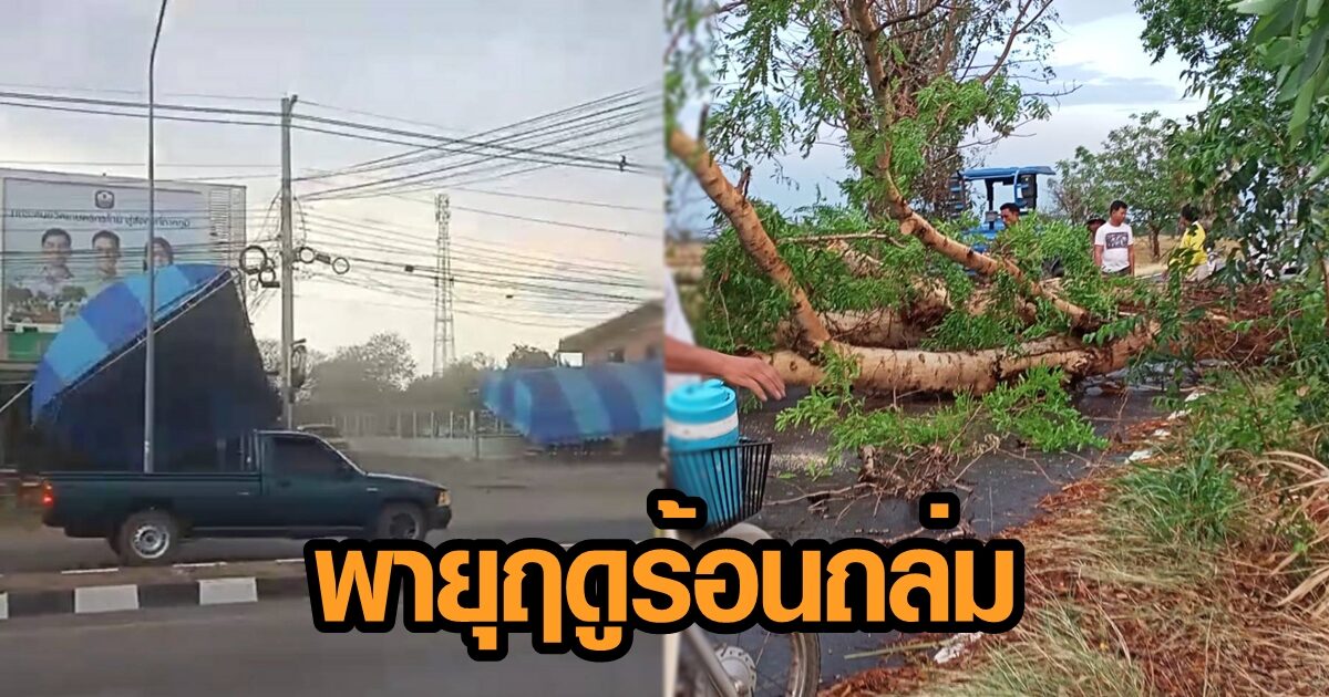 พายุฤดูร้อนพัดกระหน่ำ อ.โนนสูง โคราช ทำหลังคาเต๊นท์ปลิวเสียหาย ต้นไม้หักโค่น