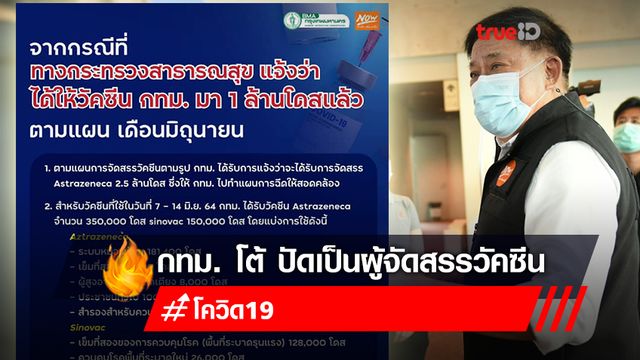 กทม. โต้ สธ. ปัดเป็นผู้ควบคุมจัดสรรวัคซีนโควิด-19 ย้ำพร้อมฉีด หากวัคซีนพร้อม! กทม. โต้ สธ. ปัดเป็นผู้ควบคุมจัดสรรวัคซีนโควิด-19 ย้ำพร้อมฉีด หากวัคซีนพร้อม!