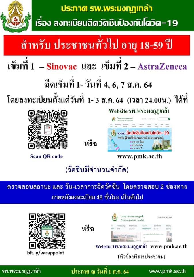 เต็มแล้ว! รพ.พระมงกุฎเกล้า แจ้งขอปิดลงทะเบียนฉีดวัคซีนโควิดสำหรับประชาชน