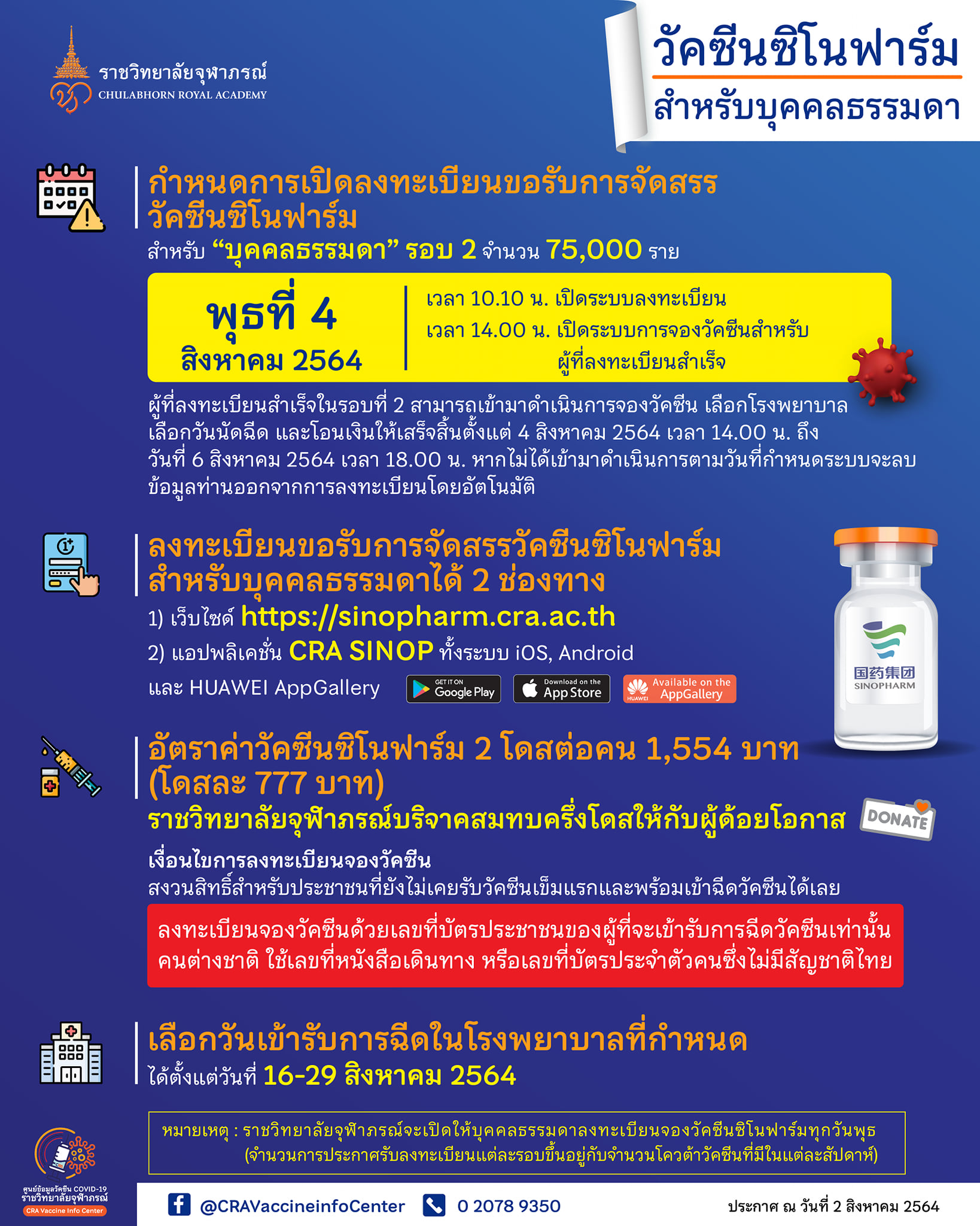 เปิดจองวัคซีน 'ซิโนฟาร์ม' รอบ 2 อีก 75,000 ราย เช็กเงื่อนไข-วิธีลงทะเบียน