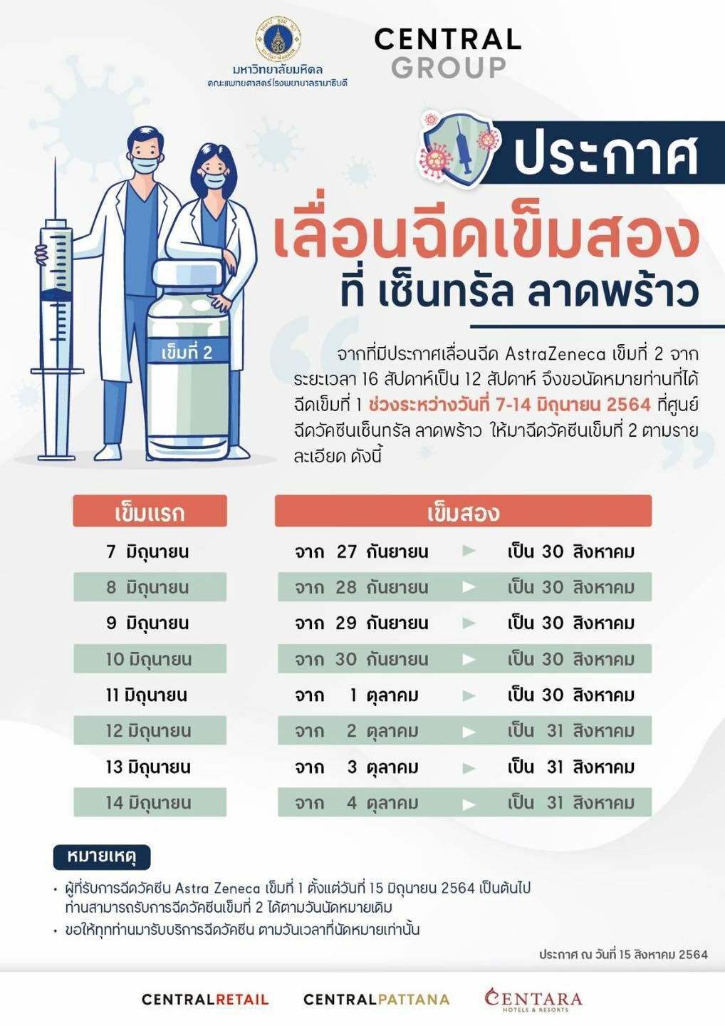 เลื่อนฉีดแอสตร้าฯ เข็ม 2 ที่เซ็นทรัลลาดพร้าว เร็วขึ้นเป็น 30-31 ส.ค.