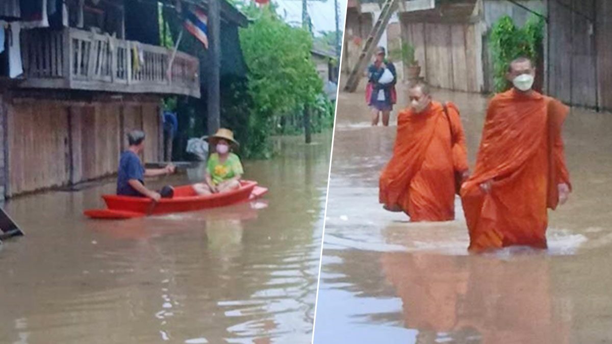 พระลุยน้ำบิณฑบาต! โกนเซิน พ่นพิษ ฝนถล่มปราจีนฯ น้ำท่วม เตือนปชช.