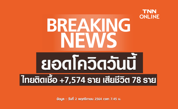 โควิด-19 วันนี้ ไทยติดเชื้อเพิ่ม 7,574 ราย เสียชีวิต 78 ราย