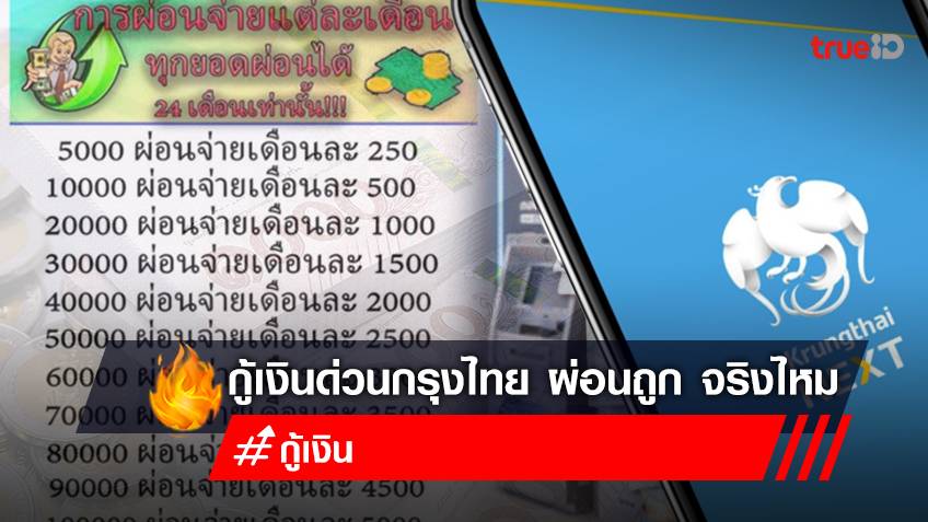 ยืมเงินด่วน 5,000-100,000 บาท กรุงไทยปล่อยสินเชื่อ กู้เงินฉุกเฉินเริ่ม 5,000 บาท ผ่อนเดือนละ 250 บาท อย่าหลงเชื่อ!