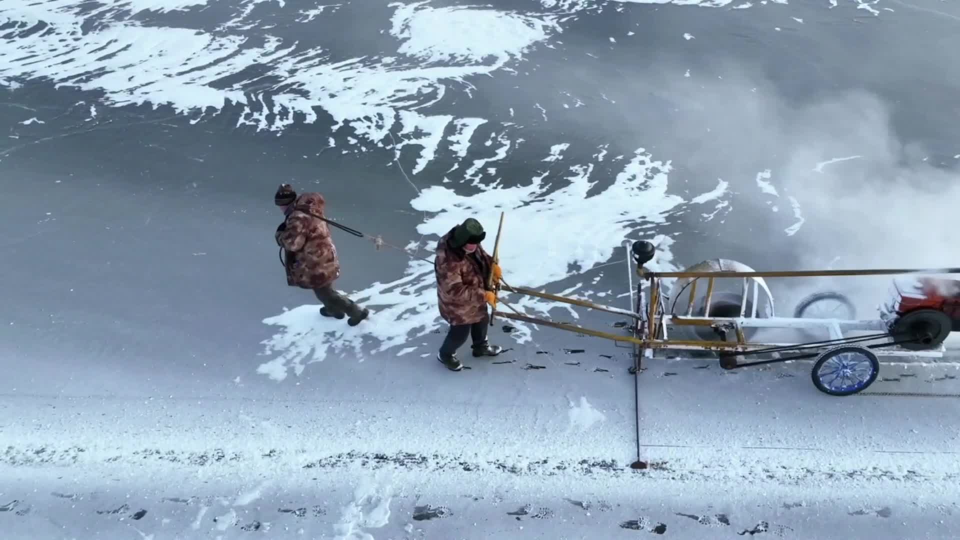 คนงานลุยตัดน้ำแข็งจาก 'แม่น้ำ' ในฮาร์บิน