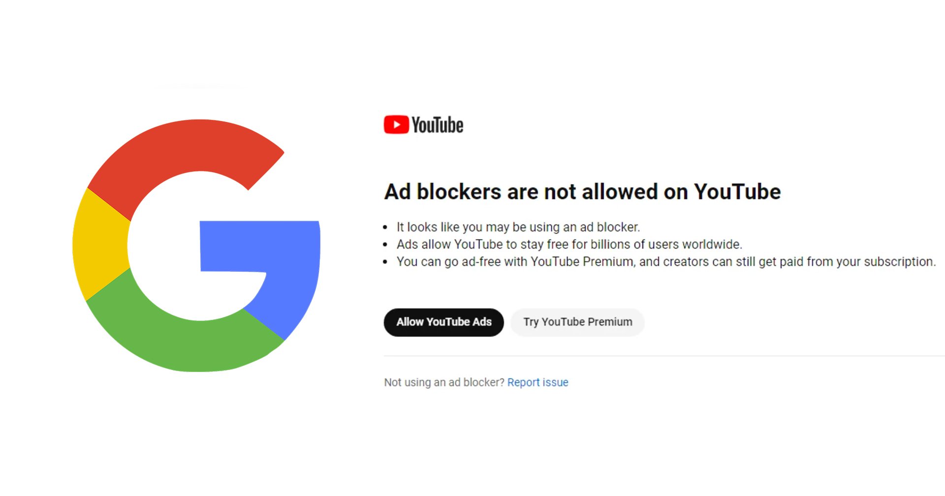Google ทดสอบปิดกั้นการชมวิดีโอของผู้ใช้ที่บล็อกโฆษณาบน Youtube ?