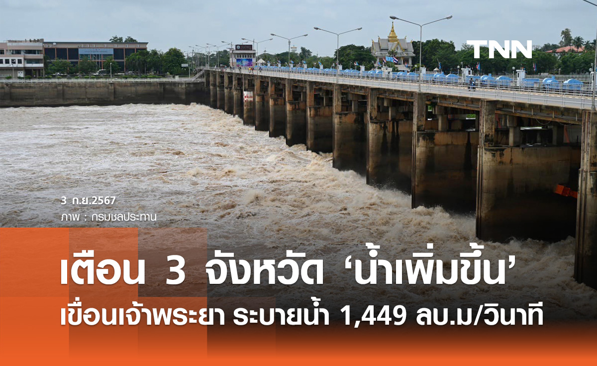 เขื่อนเจ้าพระยา ระบายน้ำ 1,449 ลบ.ม/วินาที เตือน "สิงห์บุรี-อ่างทอง-อยุธยา" น้ำเพิ่มขึ้น