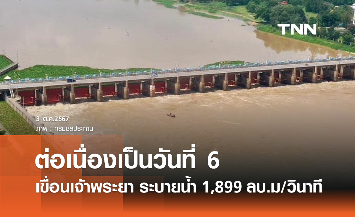 เขื่อนเจ้าพระยา แจ้งระบายน้ำ 1,899 ลบ.ม./วินาที ต่อเนื่องเป็นวันที่ 6