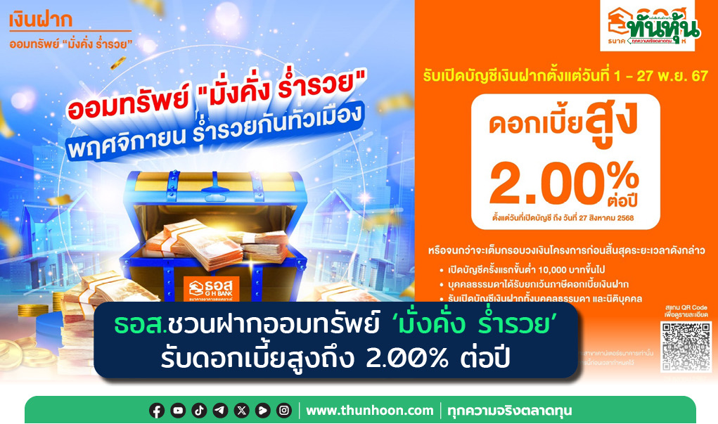 ธอส.ชวนฝากออมทรัพย์ “มั่งคั่ง ร่ำรวย” รับดอกเบี้ยสูงถึง 2.00% ต่อปี