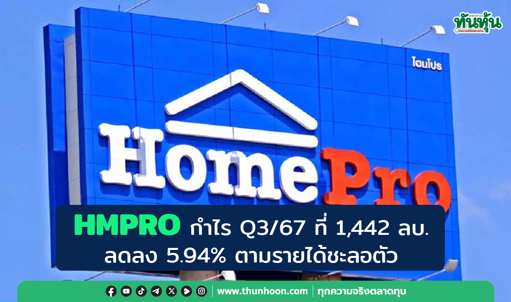 HMPRO กำไร Q3/67 ที่ 1,442 ลบ. ลดลง 5.94%  ตามรายได้ชะลอตัว