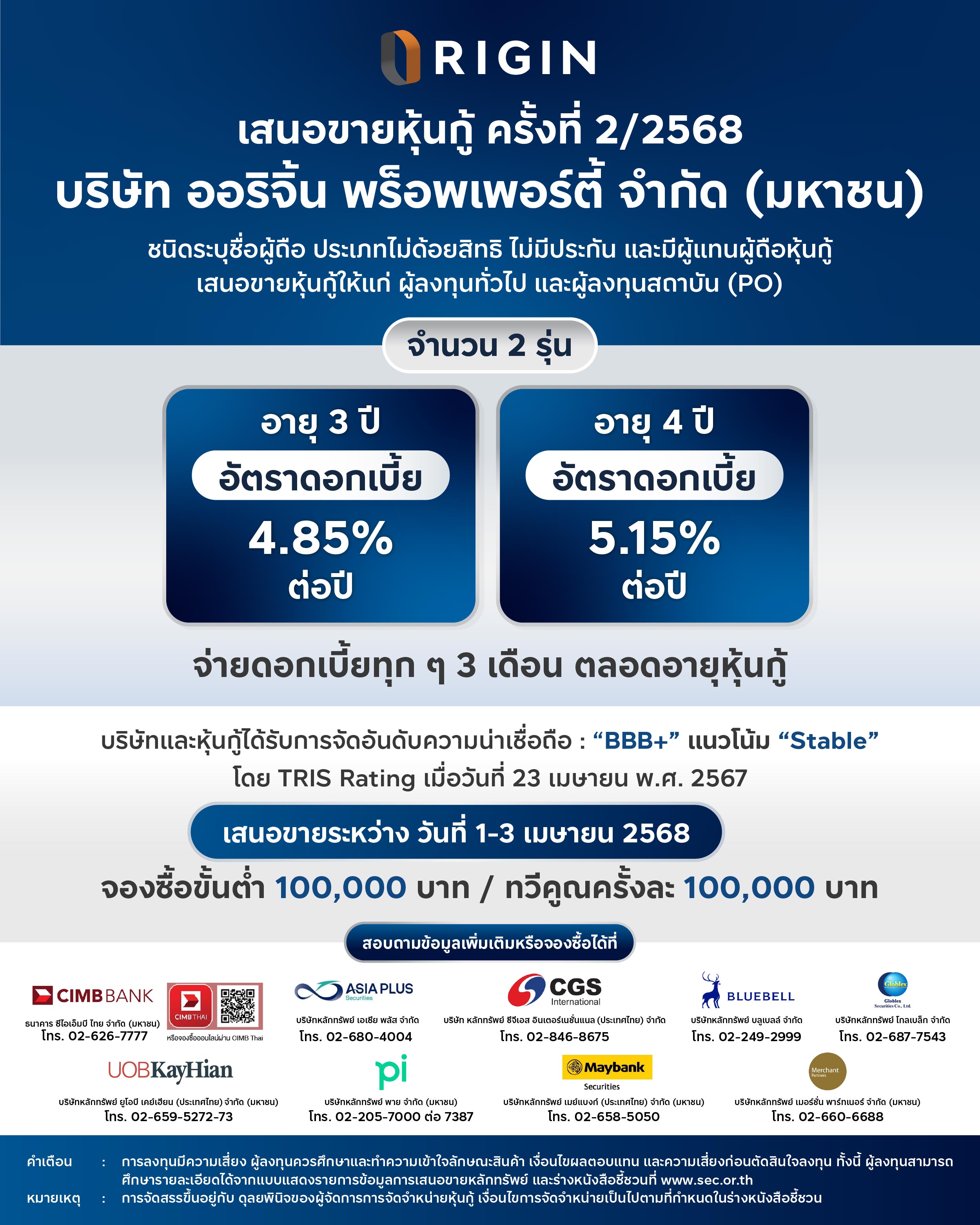 ORI เดินหน้าแผนธุรกิจปี 68 พร้อมเสนอขายหุ้นกู้ล็อตใหม่ 2 รุ่น ชูดอกเบี้ย 4.85% - 5.15% ต่อปี วันที่ 1-3 เม.ย.นี้