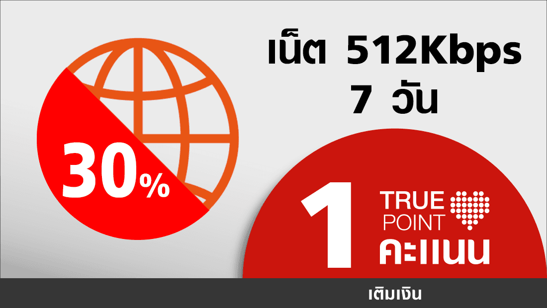 ประหยัด 27.- เน็ตไม่อั้น 512kbps เพลิน 7 วัน ใช้ 1 ทรูพอยท์+เงิน 62.-