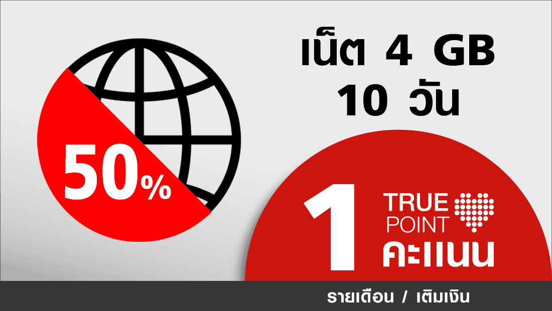 ประหยัด 75.- เน็ตเต็มสปีด 4GB สนุก 10 วัน ใช้ 1 ทรูพอยท์+เงิน 75.-