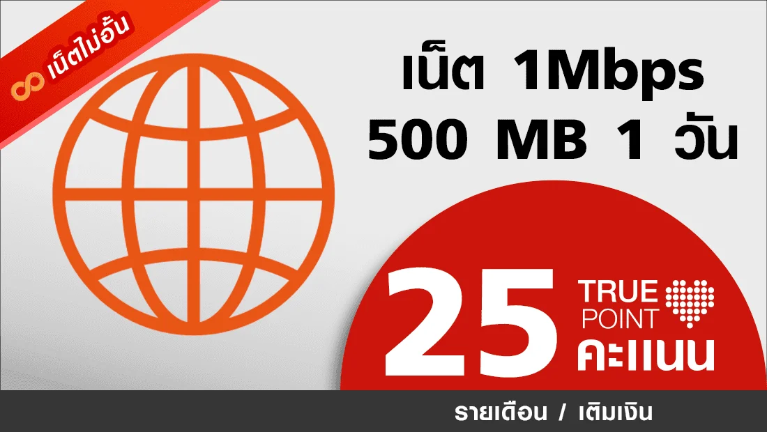 ประหยัด 25.- เน็ตรายวัน 1Mbps 500MB