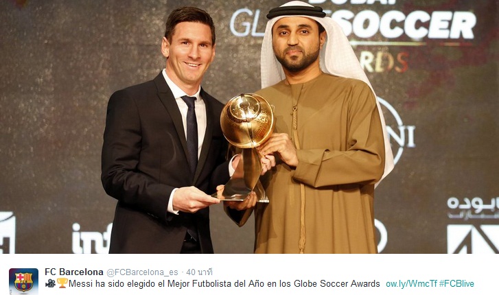 ชิมลางก่อนบัลลงดอร์!! เมสซี่ คว้ารางวัลแข้งยอดเยี่ยม Globe Soccer Awards 2015 ชิมลางก่อนบัลลงดอร์!! เมสซี่ คว้ารางวัลแข้งยอดเยี่ยม Globe Soccer Awards 2015