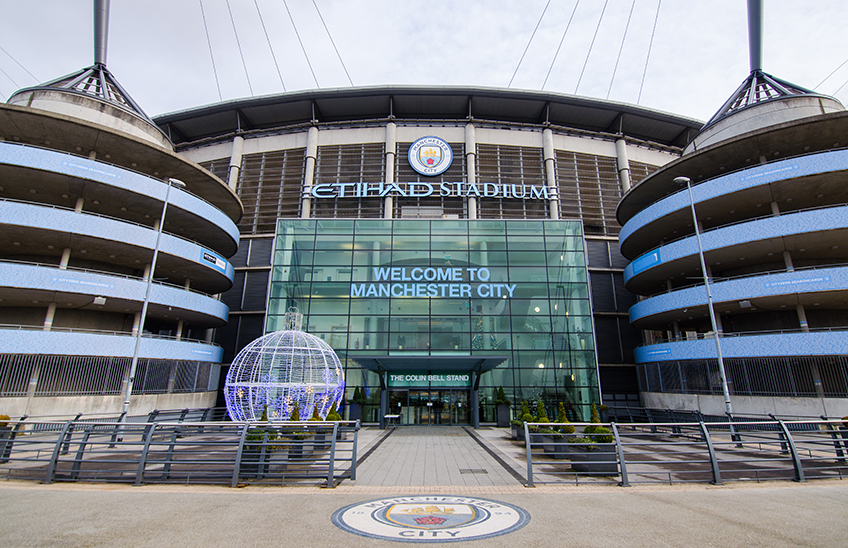 MANCHESTER, UK - DECEMBER 7, 2017: Entrance of Etihad stadium, Home of Manchester City