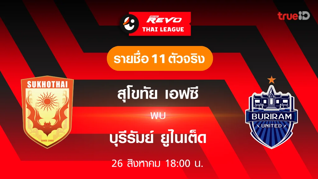 สุโขทัย VS บุรีรัมย์ : รายชื่อ 11 ตัวจริง ฟุตบอลไทยลีก 2023/24 (ลิ้งก์ดูบอลสด) สุโขทัย VS บุรีรัมย์ : รายชื่อ 11 ตัวจริง ฟุตบอลไทยลีก 2023/24 (ลิ้งก์ดูบอลสด)