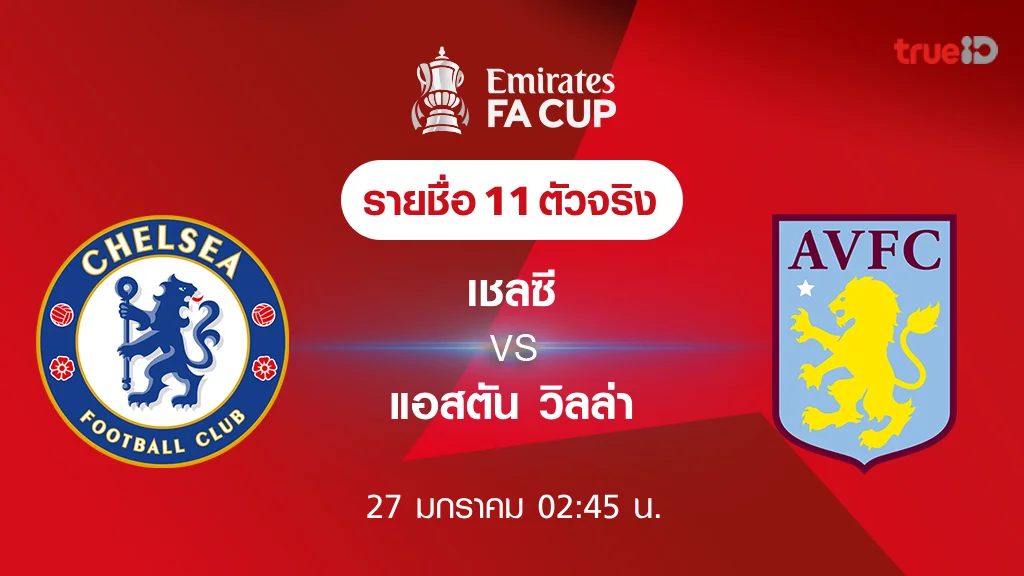 เชลซี VS แอสตัน วิลล่า : รายชื่อ 11 ตัวจริง ฟุตบอลเอฟเอ คัพ 2023/24 (ลิ้งก์ดูบอลสด)