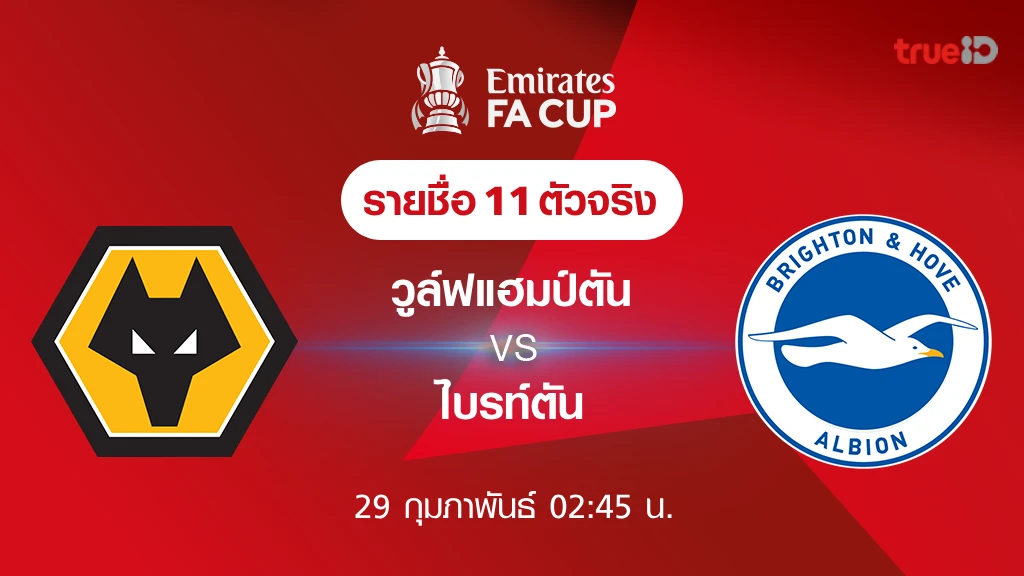 วูล์ฟแฮมป์ตัน VS ไบรท์ตัน : รายชื่อ 11 ตัวจริง ฟุตบอลเอฟเอ คัพ 2023/24 (ลิ้งก์ดูบอลสด)