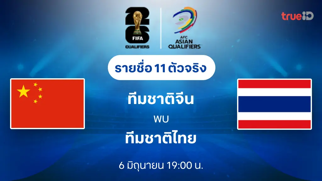 จีน VS ไทย : รายชื่อ 11 ตัวจริง ฟุตบอลโลก 2026 รอบคัดเลือก (ช่องถ่ายทอดสด)
