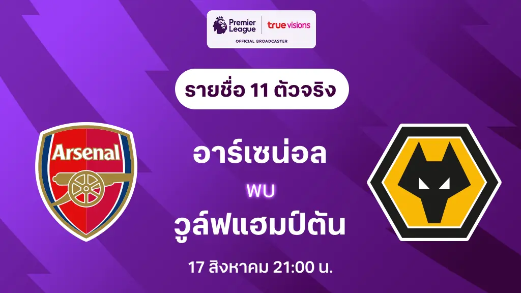 อาร์เซน่อล VS วูล์ฟแฮมป์ตัน : รายชื่อ 11 ตัวจริง พรีเมียร์ลีก 2024/25 (ลิ้งก์ดูบอลสด)