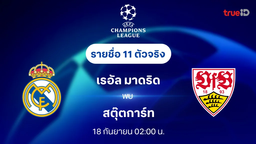 เรอัล มาดริด VS สตุ๊ตการ์ท : รายชื่อ 11 ตัวจริง ยูฟ่า แชมเปี้ยนส์ลีก 2024/25 (ลิ้งก์ดูบอลสด)