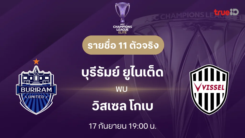 บุรีรัมย์ VS วิสเซล โกเบ : รายชื่อ 11 ตัวจริง เอเอฟซี แชมเปี้ยนส์ลีก อีลิท 2024/25 (ลิ้งก์ดูบอลสด)