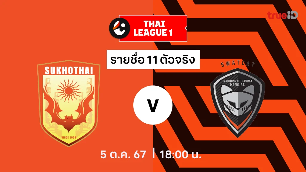 สุโขทัย VS นครราชสีมา : รายชื่อ 11 ตัวจริง ไทยลีก 2024/25 (ลิ้งก์ดูบอลสด)