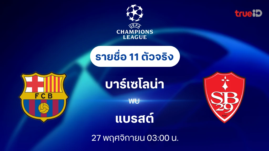 บาร์เซโลน่า VS แบรสต์ : รายชื่อ 11 ตัวจริง ยูฟ่า แชมเปี้ยนส์ลีก 2024/25 (ลิ้งก์ดูบอลสด)