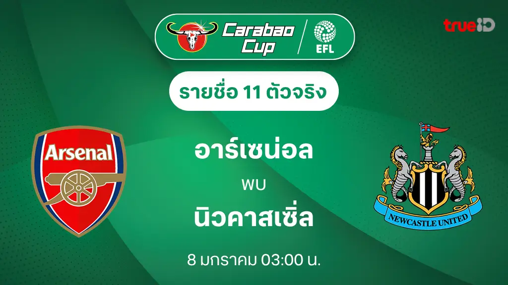 อาร์เซน่อล VS นิวคาสเซิ่ล : รายชื่อ 11 ตัวจริง คาราบาว คัพ 2024/25 (ลิ้งก์ดูบอลสด)