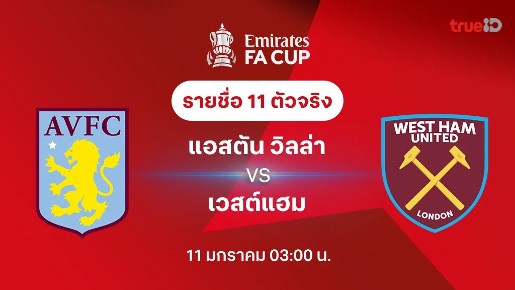 แอสตัน วิลล่า VS เวสต์แฮม : รายชื่อ 11 ตัวจริง เอฟเอ คัพ 2024/25 (ลิ้งก์ดูบอลสด)