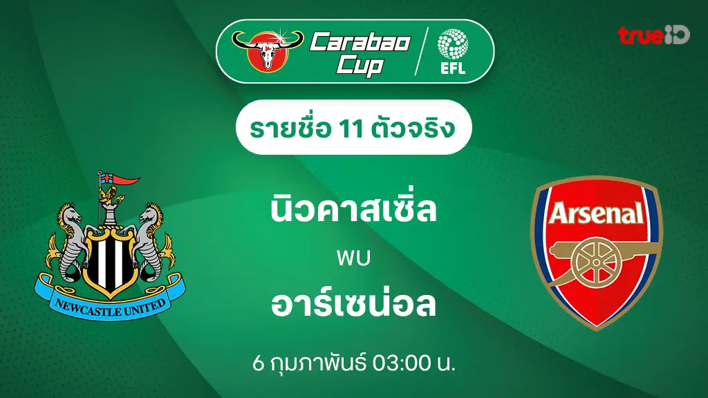 นิวคาสเซิ่ล VS อาร์เซน่อล : รายชื่อ 11 ตัวจริง คาราบาว คัพ 2024/25 (ช่องถ่ายทอดสด)