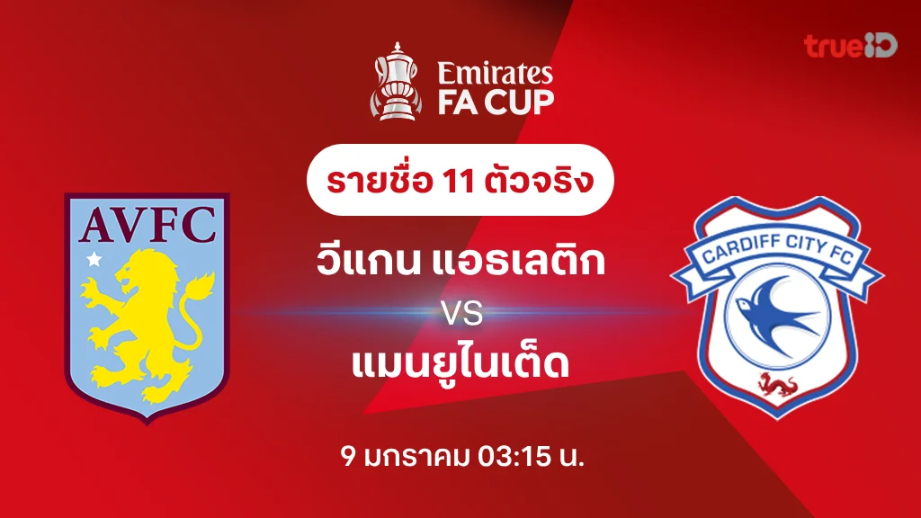 แอสตัน วิลล่า VS คาร์ดิฟฟ์ : รายชื่อ 11 ตัวจริง เอฟเอ คัพ 2024/25 (ลิ้งก์ดูบอลสด)