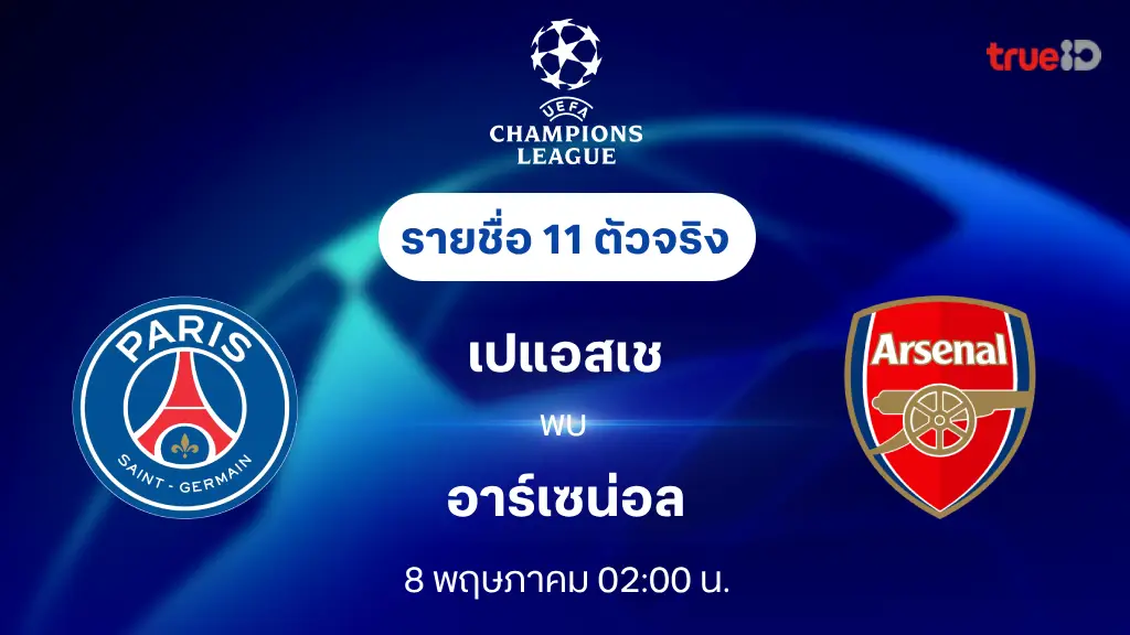 เปแอสเช VS อาร์เซน่อล : รายชื่อ 11 ตัวจริง ยูฟ่า แชมเปี้ยนส์ลีก 2024/25 (ลิ้งก์ดูบอลสด)