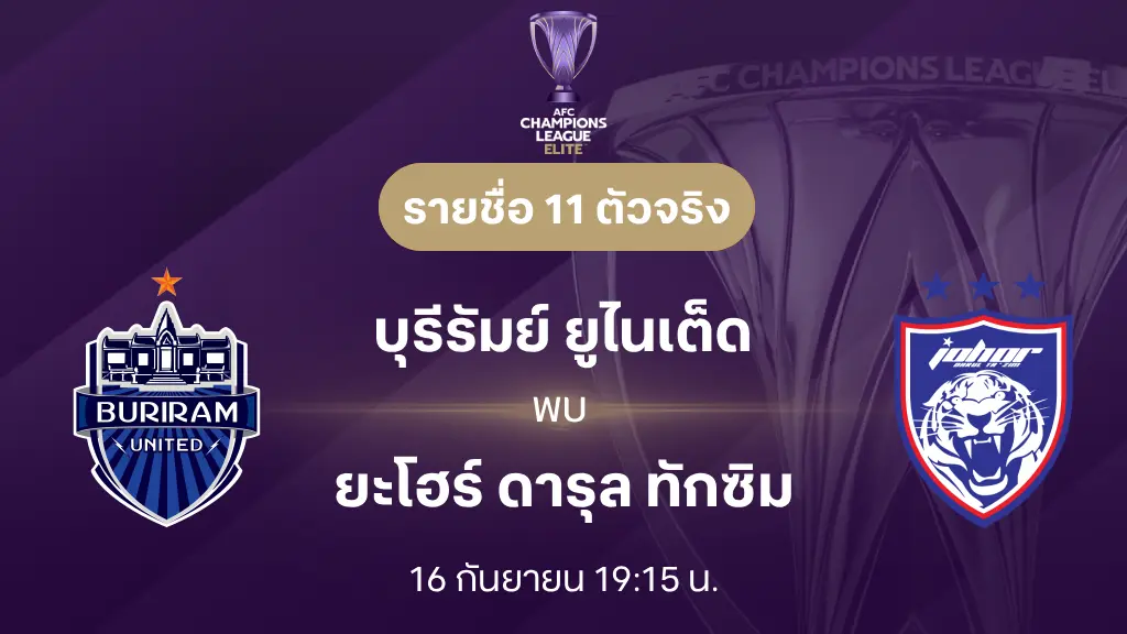 บุรีรัมย์ VS ยะโฮร์ : รายชื่อ 11 ตัวจริง เอเอฟซี แชมเปี้ยนส์ลีก อีลีท 2025/26 (ลิ้งก์ดูบอลสด)