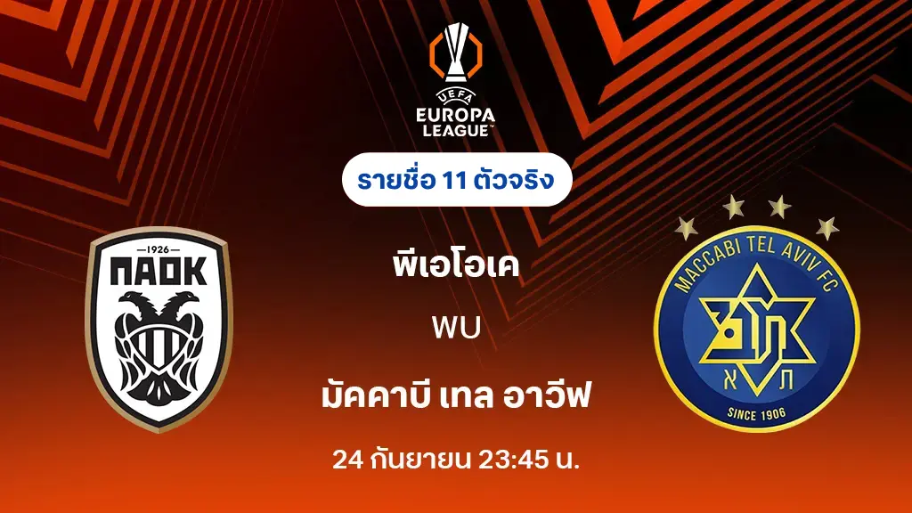 พีเอโอเค VS มัคคาบี้ : รายชื่อ 11 ตัวจริง ยูโรป้า ลีก 2025/26 (ลิ้งก์ดูบอลสด)