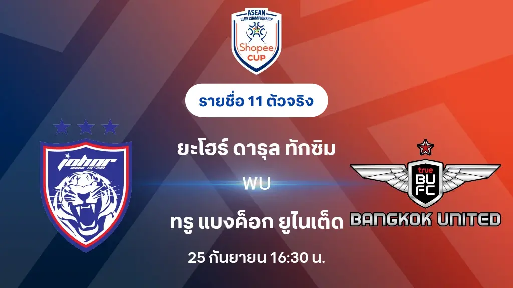 ยะโฮร์ VS ทรู แบงค็อก : รายชื่อ 11 ตัวจริง ช็อปปี้ คัพ 2025/26 (ลิ้งก์ดูบอลสด)