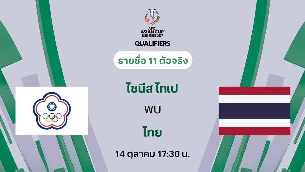 ไชนีส ไทเป VS ไทย : รายชื่อ 11 ตัวจริง ฟุตบอลเอเชียน คัพ 2027 (ลิ้งก์ดูบอลสด) ไชนีส ไทเป VS ไทย : รายชื่อ 11 ตัวจริง ฟุตบอลเอเชียน คัพ 2027 (ลิ้งก์ดูบอลสด)