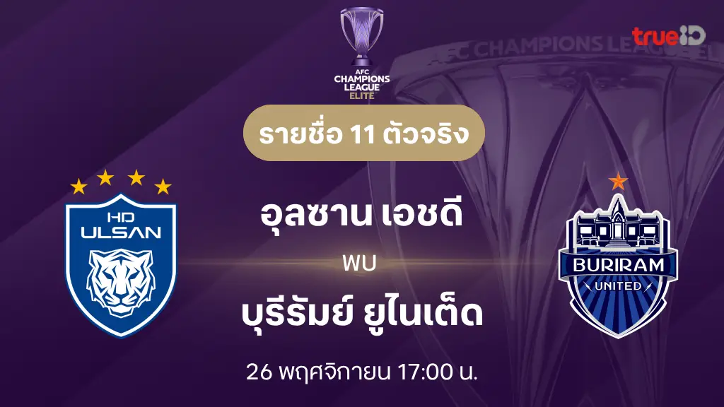 อุลซาน VS บุรีรัมย์ : รายชื่อ 11 ตัวจริง เอเอฟซี แชมเปี้ยนส์ลีก อีลีท 2025/26 (ลิ้งก์ดูบอลสด)